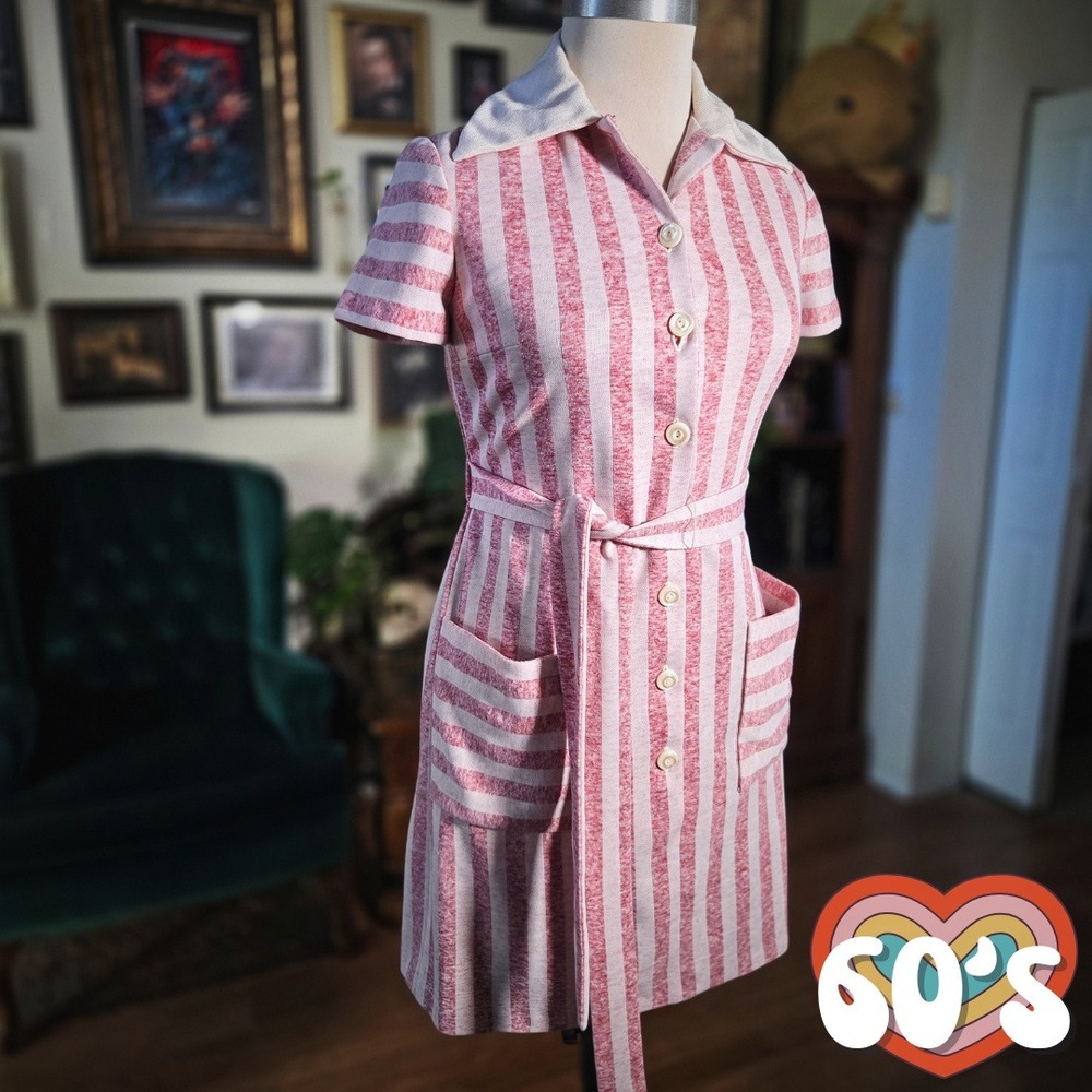 1960s Shirt Dress Joseph‎ Magnin Vintage Pink Stripe Cotton Mod Mini Belted S